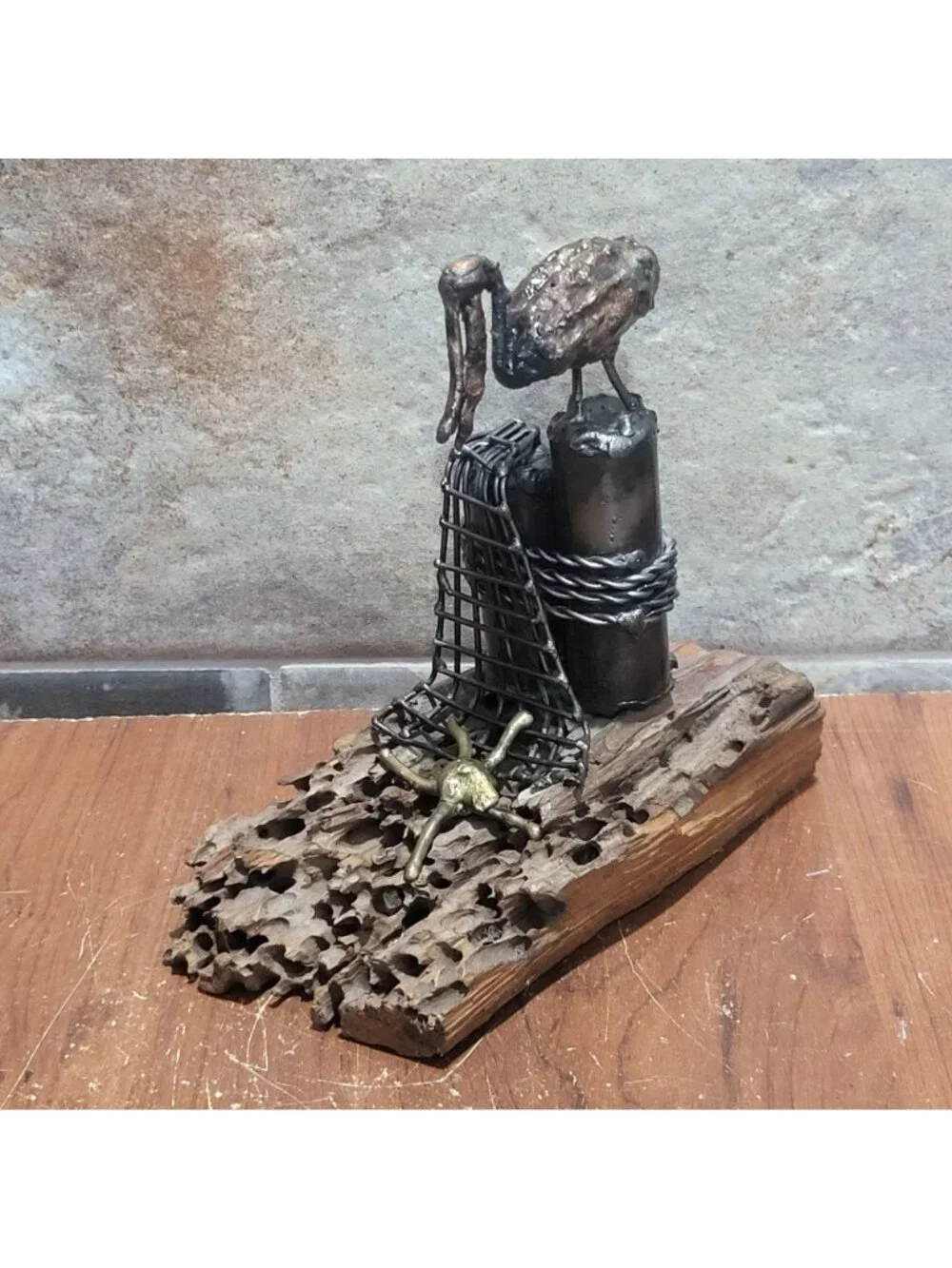 Handcrafted Metal Bird Sculpture Heron Stork Driftwood Base Coastal Maritime Dec